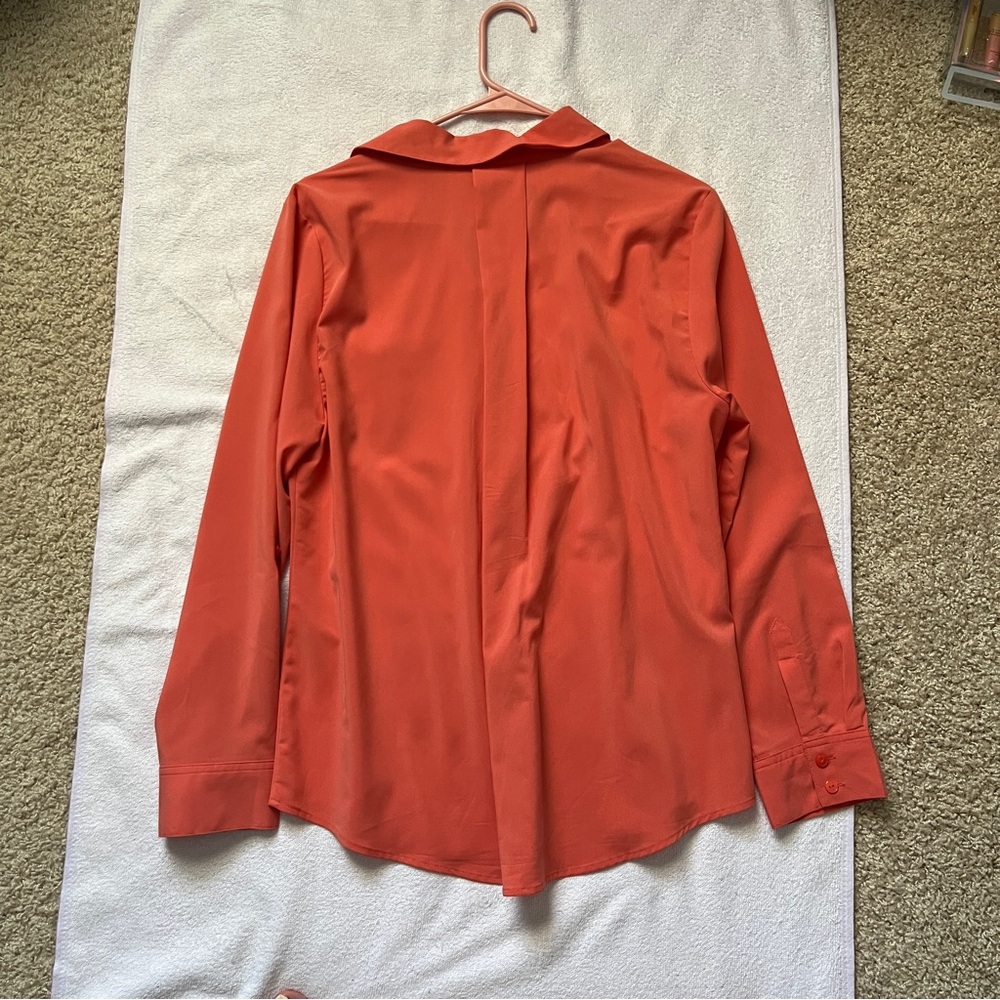 Chico’s Solid Button Down Utility Blouse Coral Modal Dress Shirt Medium - Picture 4 of 7